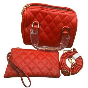 Red Quilted Vegan Leather Mini Bag with Makeup Bag and Shoulder Strap NWOT